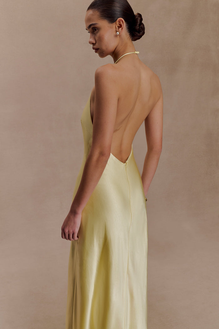 Bella Satin Halter Maxi Dress - Lemon