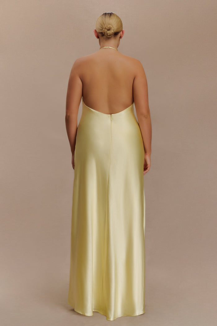 Bella Satin Halter Maxi Dress - Lemon