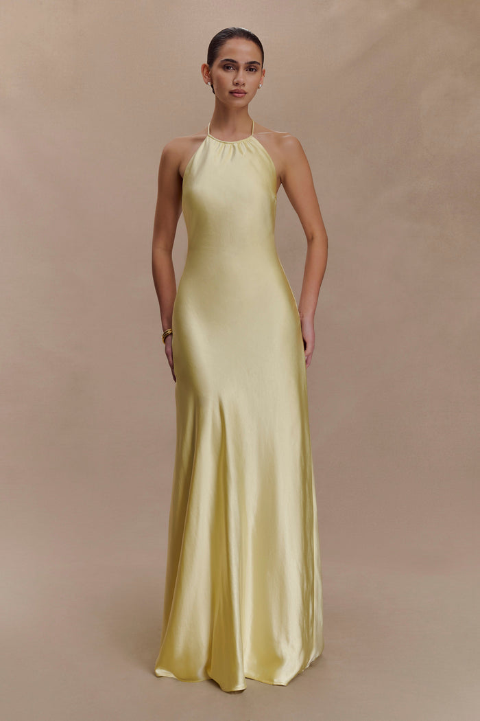 Bella Satin Halter Maxi Dress - Lemon