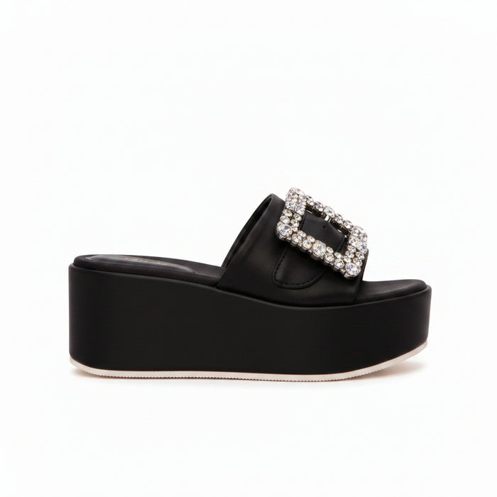Black Nappa Leather Wide-Strap Platform Wedge Mule Crystal Square Buckle Dita