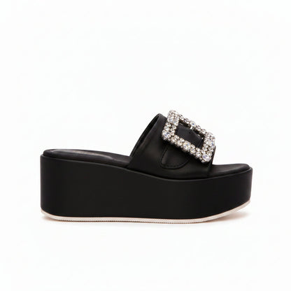 Black Nappa Leather Wide-Strap Platform Wedge Mule Crystal Square Buckle Dita