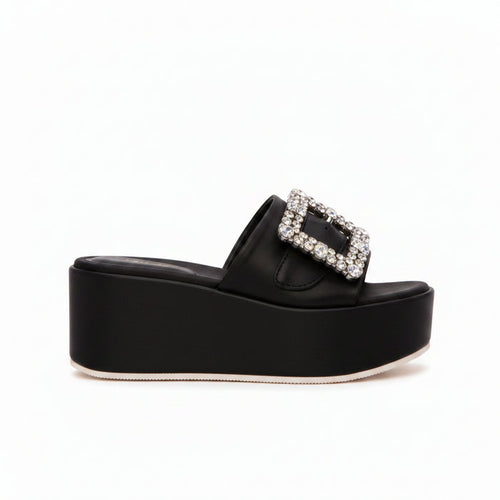 Black Nappa Leather Wide-Strap Platform Wedge Mule Crystal Square Buckle Dita