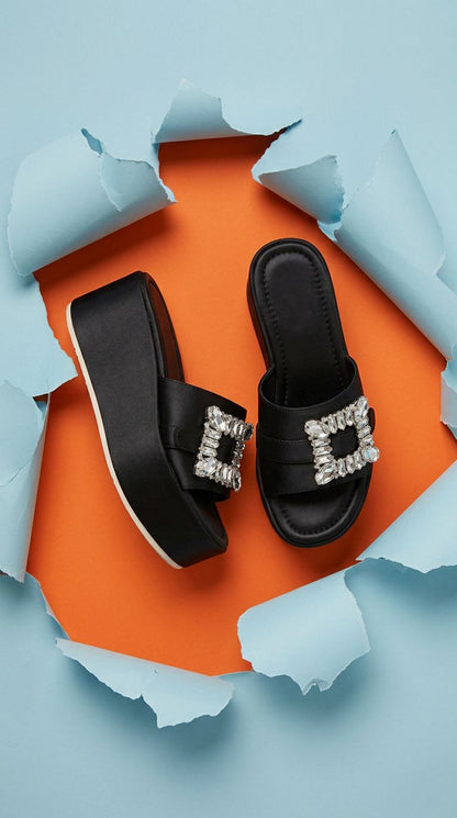 Black Nappa Leather Wide-Strap Platform Wedge Mule Crystal Square Buckle Dita