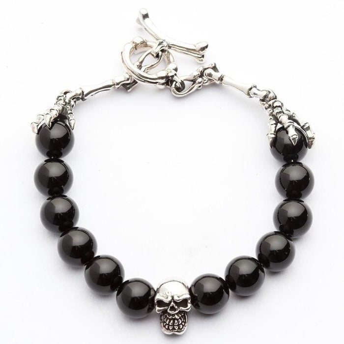 Black Onyx Skull & Bone Sterling Silver Bracelet front view