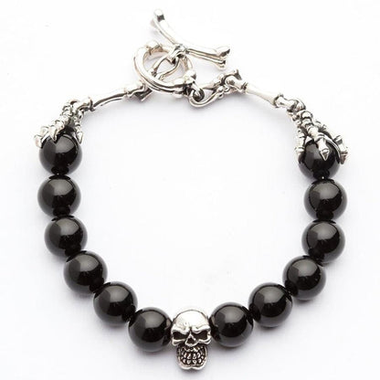 Black Onyx Skull & Bone Sterling Silver Bracelet front view