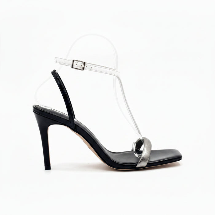 Black Stiletto Sandal with Silver Loop Toe Strap Eloise