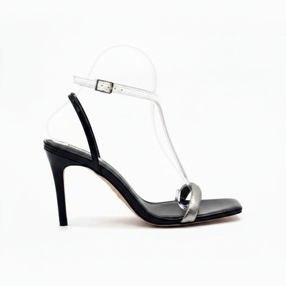 Black Stiletto Sandal with Silver Loop Toe Strap Eloise