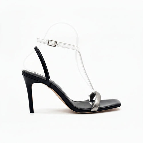 Black Stiletto Sandal with Silver Loop Toe Strap Eloise