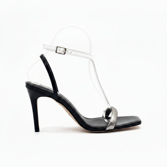 Black Stiletto Sandal with Silver Loop Toe Strap Eloise