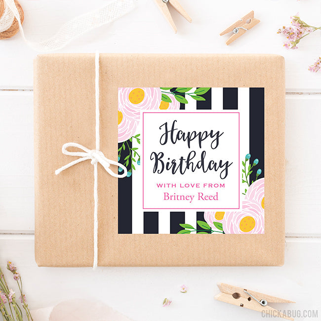 Black Stripe & Pink Floral Gift Labels