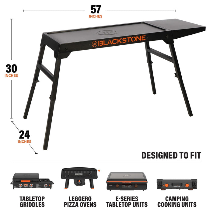 Blackstone grill table with dimensions and compatibility with various grill models on a white background