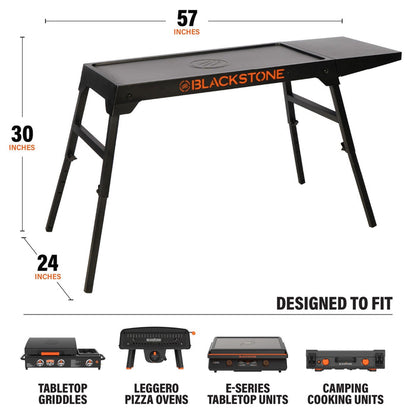 Blackstone grill table with dimensions and compatibility with various grill models on a white background