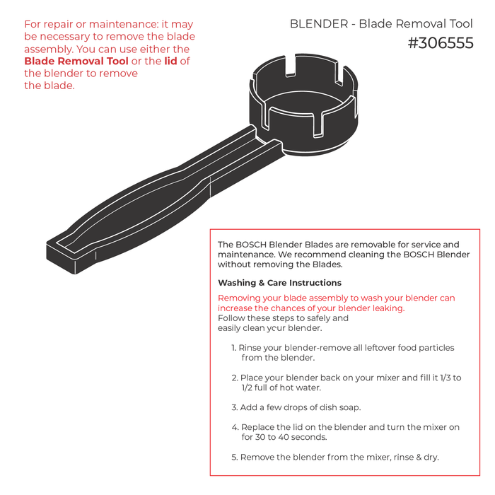 Technical illustration of the Bosch blender blade removal tool with washing and care information