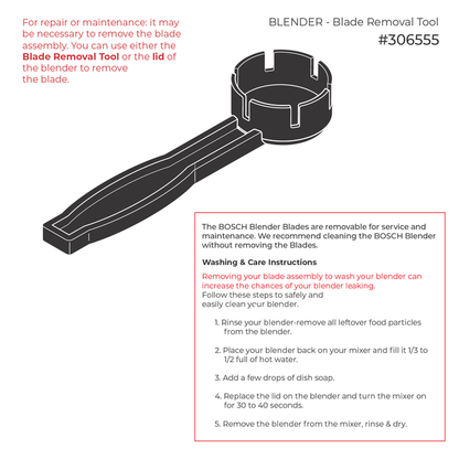 Technical illustration of the Bosch blender blade removal tool with washing and care information