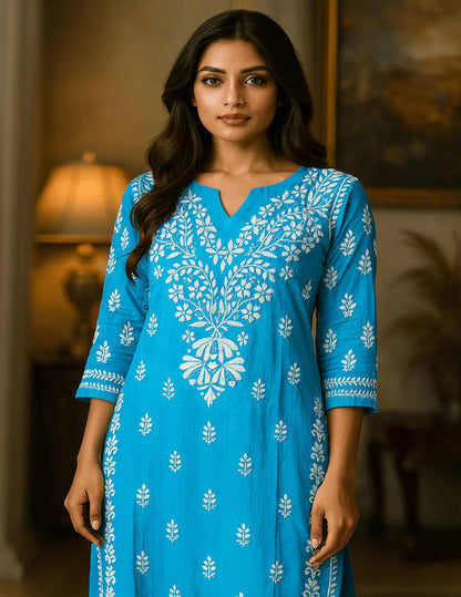 Blue embroidered kurti shop new arrivals