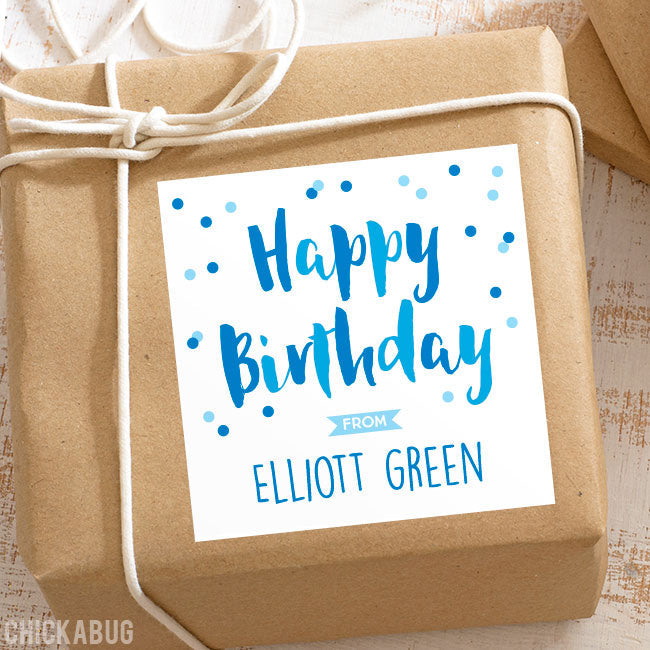Blue Confetti Birthday Gift Labels