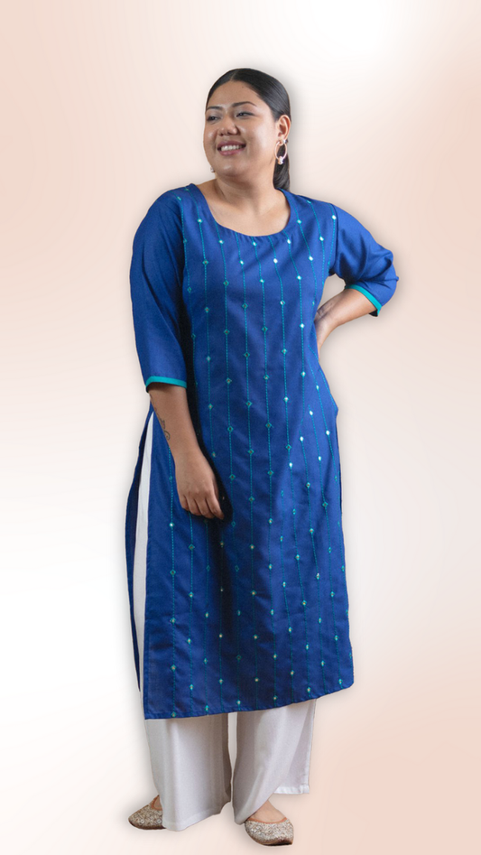 Blue Mirror Work Straight Long Kurti