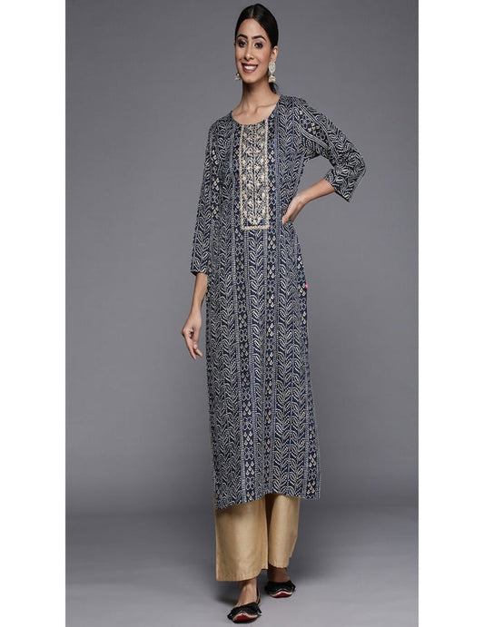 Blue Printed Long Straight Kurti