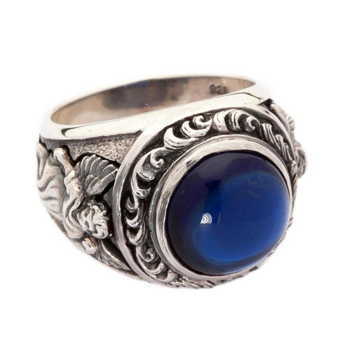 Angled view of Blue Cubic Zirconia centerpiece on 925 silver ring