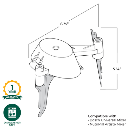 Technical illustration of the NutriMill bowl scraper attachment with warranty and care information