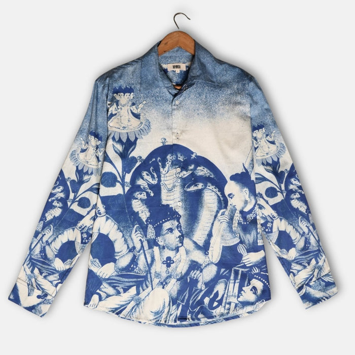 Brahma shirt for men in blue and white Giza cotton, front view on a hanger, with a blue and white print