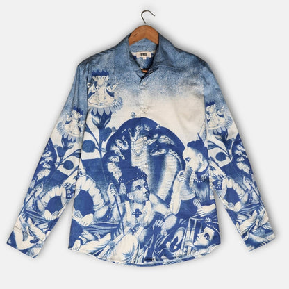 Brahma shirt for men in blue and white Giza cotton, front view on a hanger, with a blue and white print