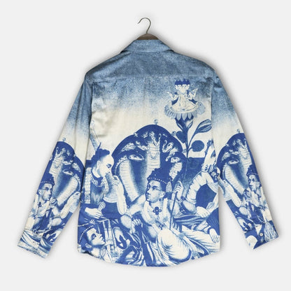 Brahma shirt for men in blue and white Giza cotton, back view on a hanger, with a blue and white print
