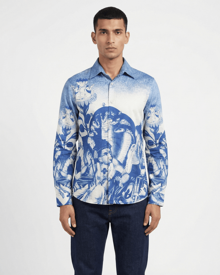 Man wearing the blue and white Brahma shirt with dark jeans, front view