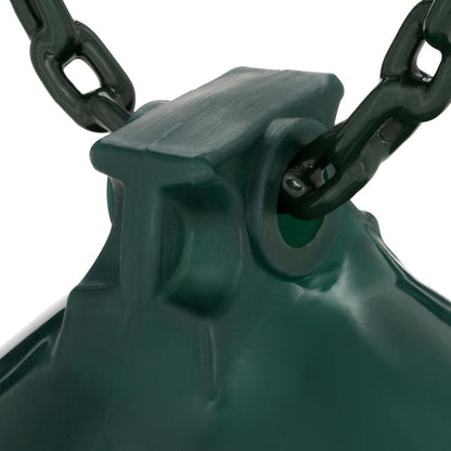 Dark green polyethylene buoy ball with green plastic-coated chains and spring clips for playground swing sets.