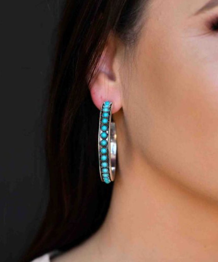 Burnished Silver and Turquoise Stone Hoop EarringsTurquoiseOS
