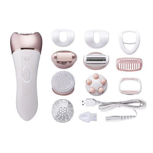 A multifunctional grooming kit including various attachments such as a shaver, epilator, and massager heads, along with a USB charging cable. - Buy Now Callus Hard Skin Remover