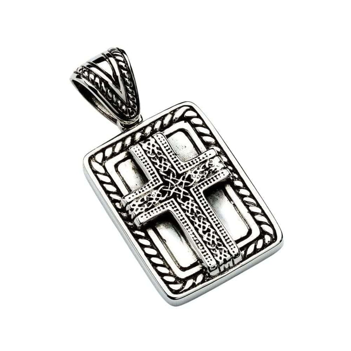 Front view of the Celtic Cross Biker Pendant featuring raised interlocking knotwork inside a silver dog tag frame.