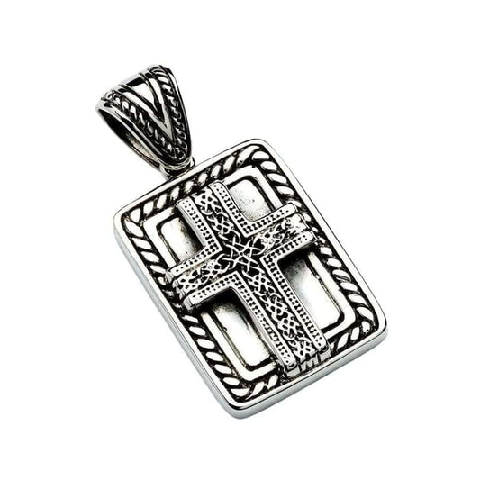 Front view of the Celtic Cross Biker Pendant featuring raised interlocking knotwork inside a silver dog tag frame.