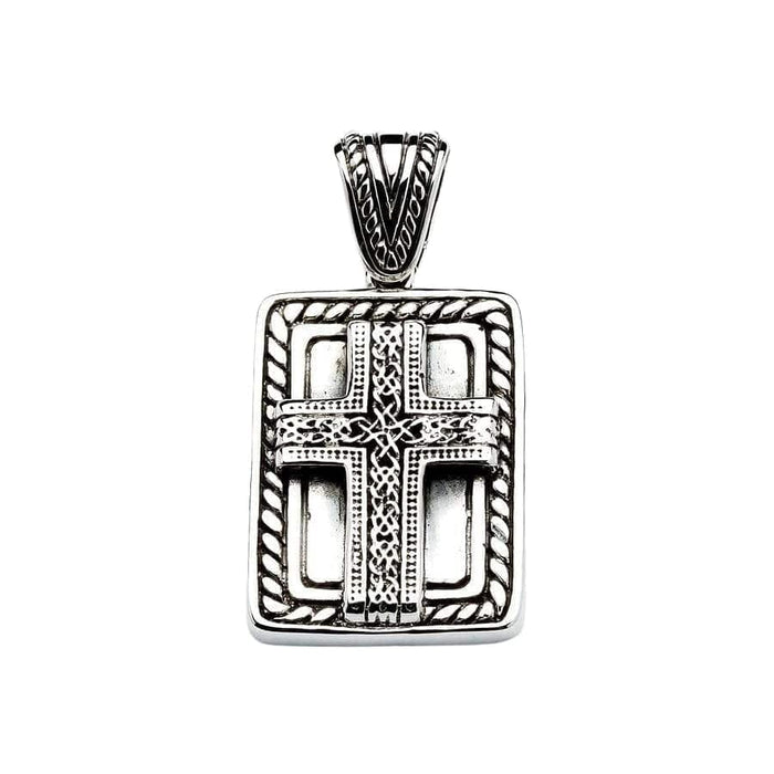 Close-up focusing on the continuous knotwork pattern and twisted rope border of the silver dog tag pendant.