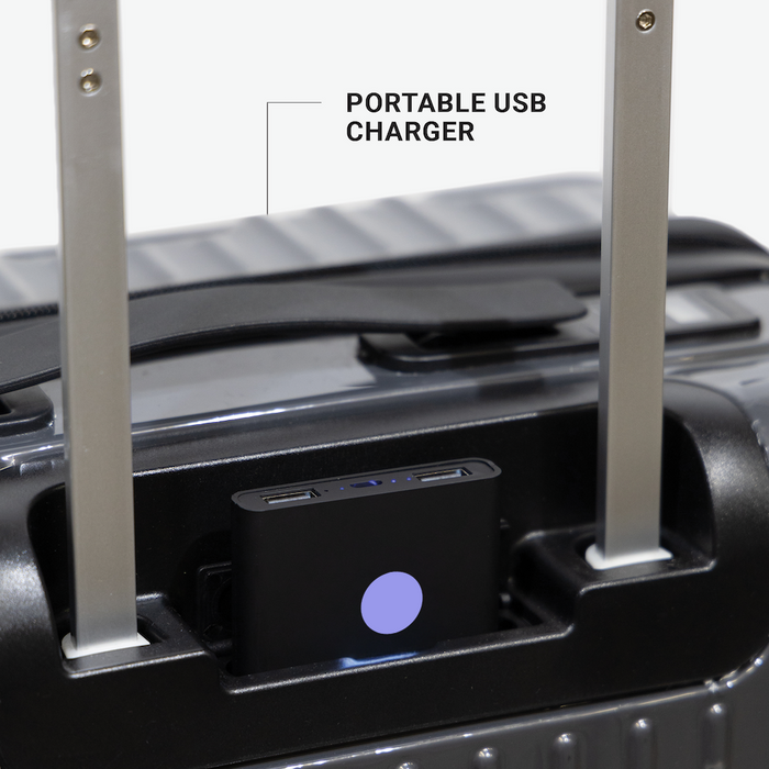 Hotel Collection Carry-On Luggage equipped with a built-in portable USB charger, keeping your devices powered up while you travel.
