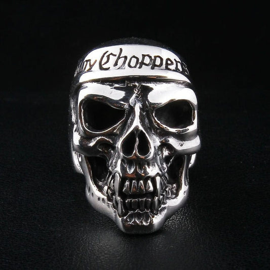 Front view of the chopper biker skull sterling silver ring featuring deep-relief facial details and bold lettering on the forehead
