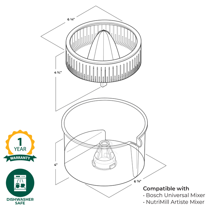 Technical illustration of the Bosch citrus juicer attachment with warranty and care information
