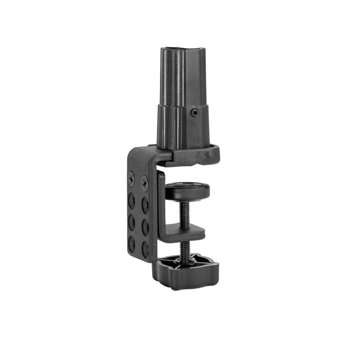 The Clamp for Pro Stand Clamp Models features a black base with an adjustable opening, tightening knob, multiple screw holes, and a top connector for attaching devices to flat surfaces or edges.