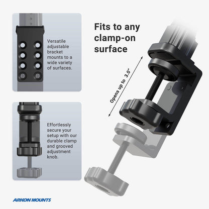 Diagram displays the Clamp Mounting Pedestal with 12 Gooseneck - Dual-T Compatible, featuring an adjustable clamp-on bracket with grooved knob, securely mounting on surfaces up to 3.0 inches. Includes close-up usage images.