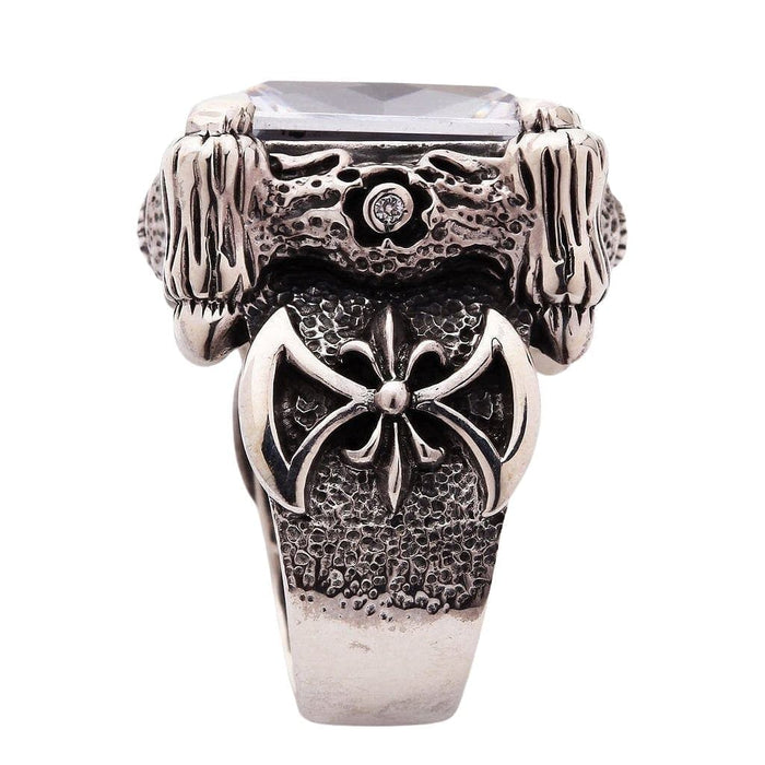 The heavy silver dragon ring with a clear stone, the ultimate statement piece for lovers of high-impact fantasy and gothic jewelry.