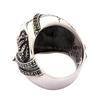 Back view of the crown pirate skull ring showing the thick, sterling silver band