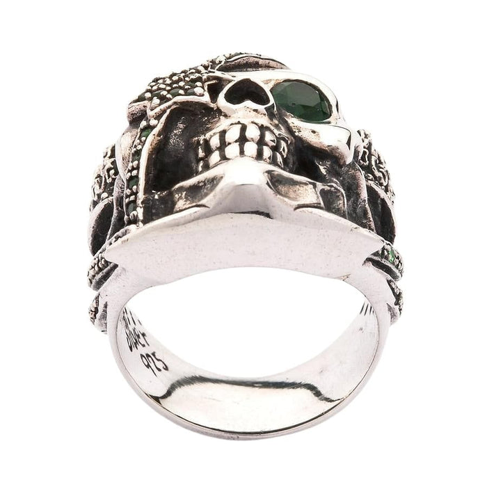 Close view of the skull's jaw and teeth with the silver 925 hallmark stamped inside the band.