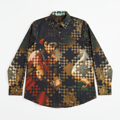 Damayanti's Secret shirt for men in black Giza cotton, front view, with a woman and swan in a checked pattern
