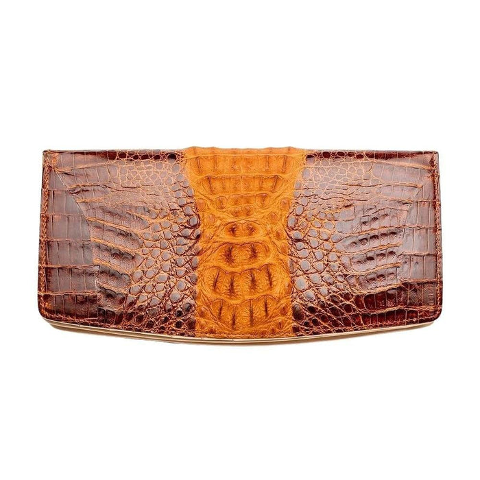 Front view of a dark brown two-tone crocodile leather women's long wallet with tan spine and rich textured scales