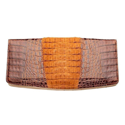 Back exterior of a two-tone crocodile leather long wallet showing raised tan dorsal scales flanked by glossy dark brown sides