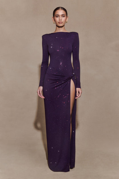 Deanna Long Sleeve Diamante Maxi Dress - Purple