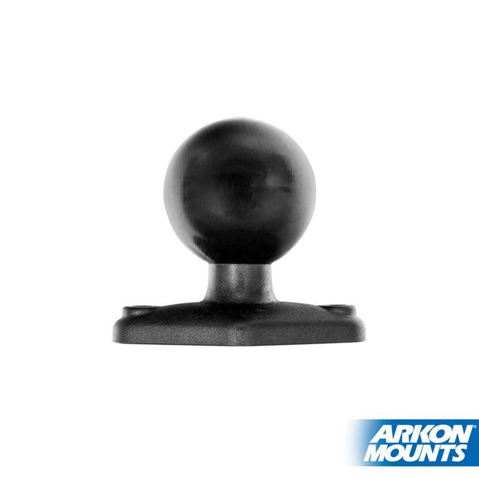 The Diamond-Shaped 38mm (1.5 inch) Ball to 2-Hole AMPS Adapter is a black spherical mounting adapter with a flat base for attaching devices. The Arkon Mounts logo appears in the bottom right corner.
