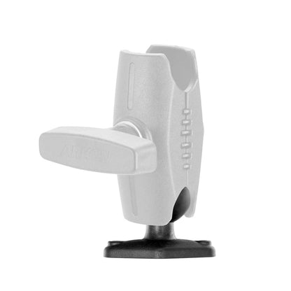 A gray and black adjustable mounting arm with base, side lever for tightening, and a top opening for device attachment. Compatible with RAM Mounts Size C adapter or the Diamond-Shaped 38mm (1.5 inch) Ball to 2-Hole AMPS Adapter.