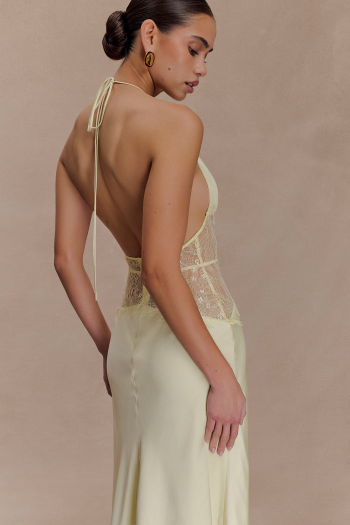 Dinah Lace And Satin Maxi Dress - Lemon