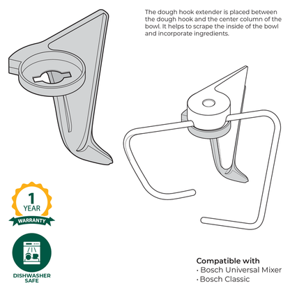 Technical illustration of the NutriMill dough hook extender attached to the Bosch universal plus dough hook with warranty and care information